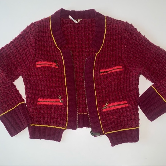 NWOT 100%WOOL FREE PEOPLE ZIP KNIT CARDIGAN BURGUNDY RED TRENDING WE THE FREE - Picture 2 of 8